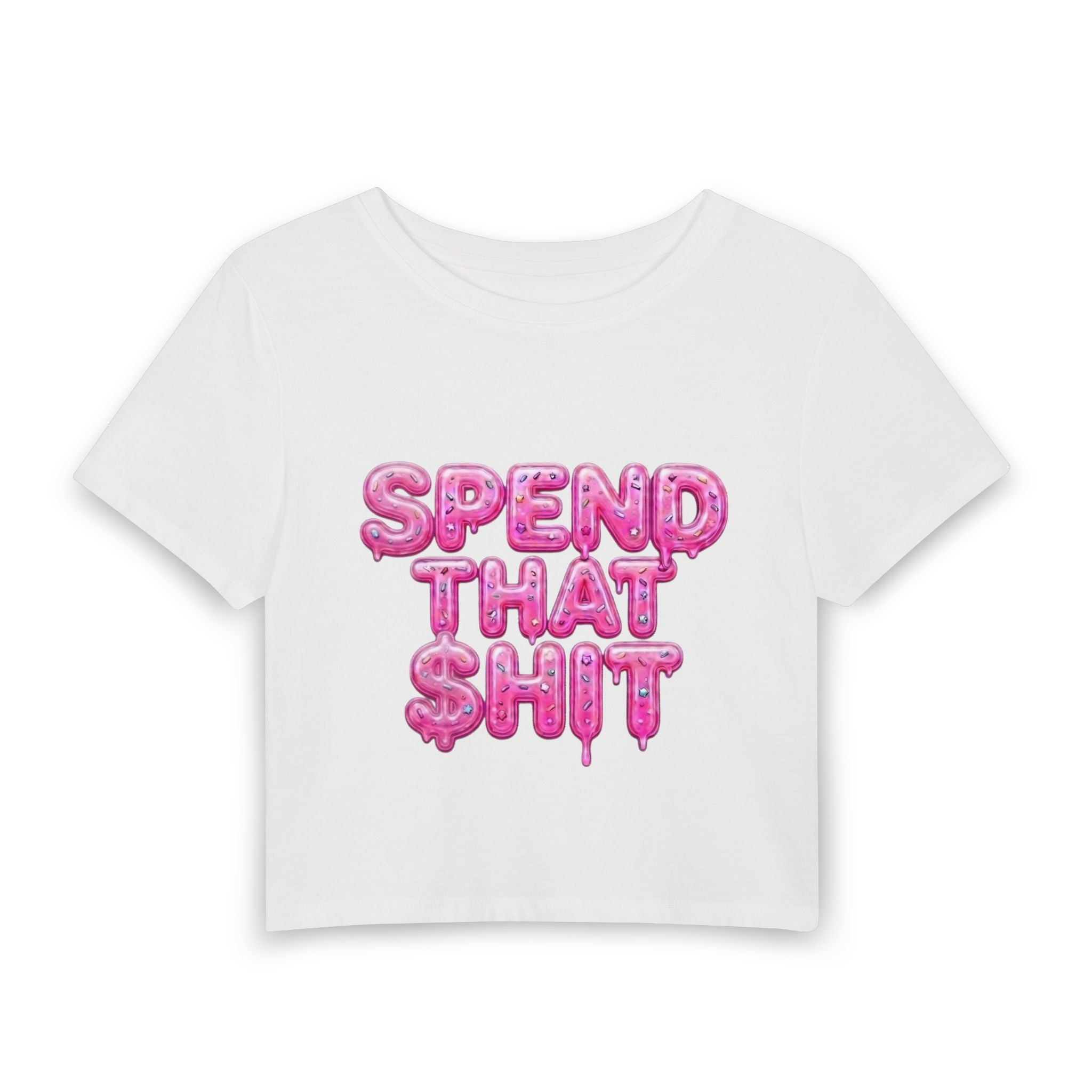 Women's Baby Tee — "Spend That $hit, Spend That $hit" Pink Balloon Script Graphic