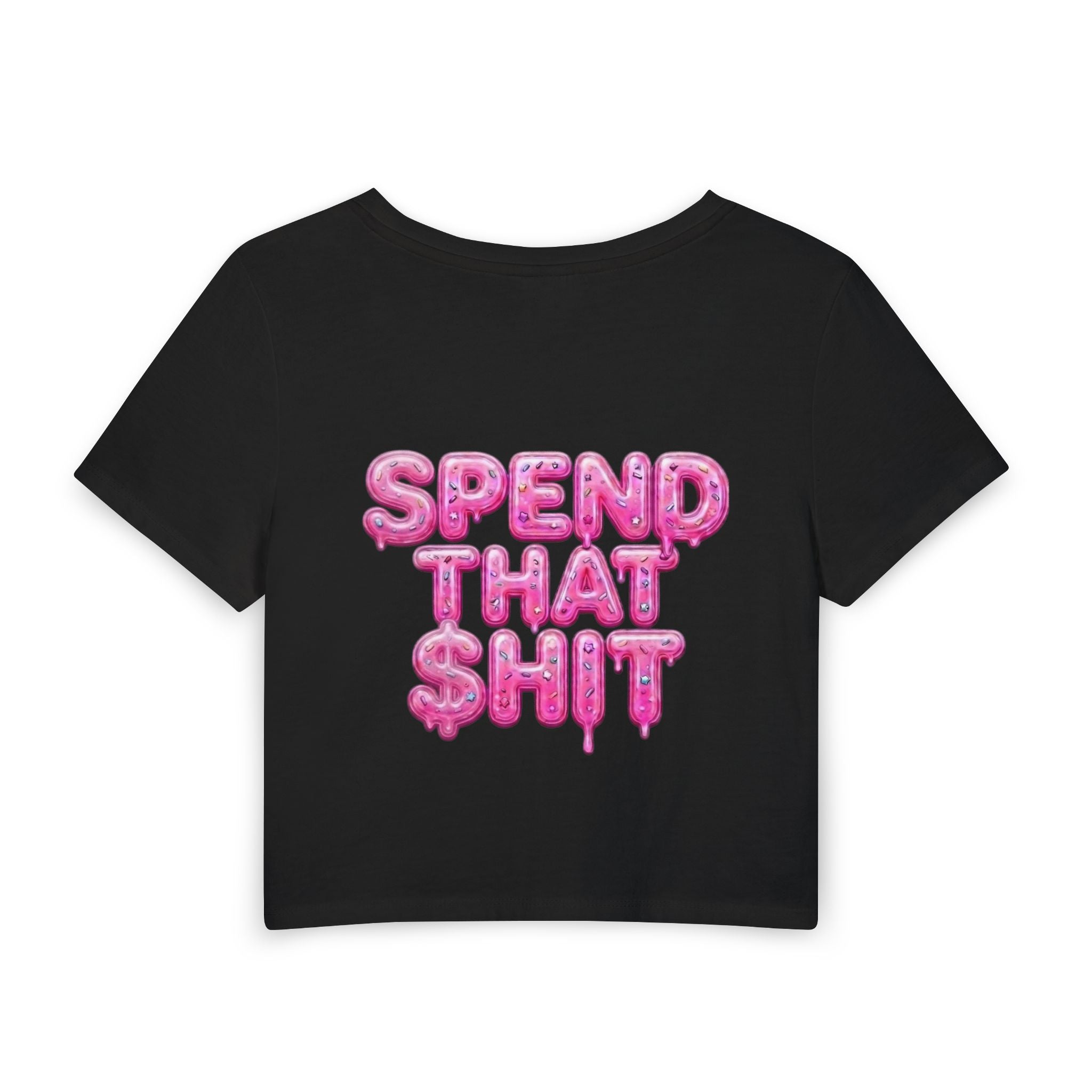 Women's Baby Tee — "Spend That $hit, Spend That $hit" Pink Balloon Script Graphic