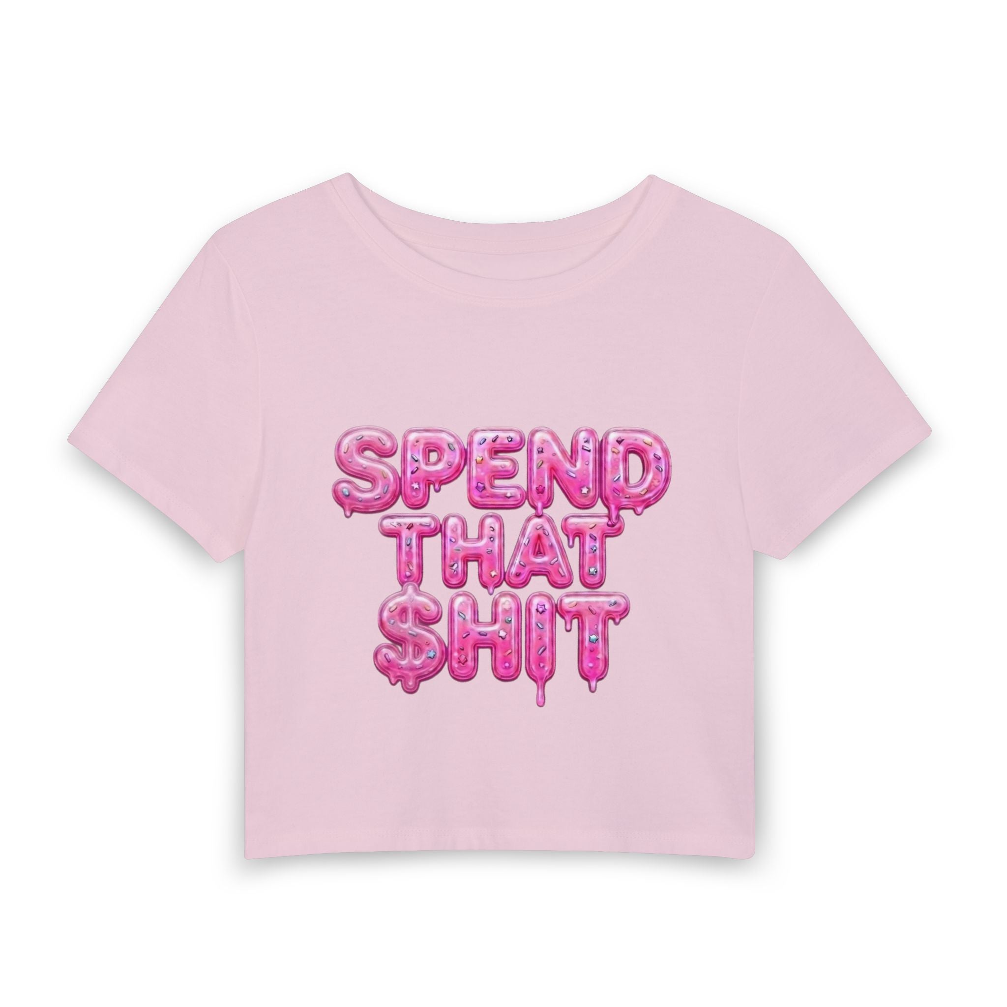 Women's Baby Tee — "Spend That $hit, Spend That $hit" Pink Balloon Script Graphic